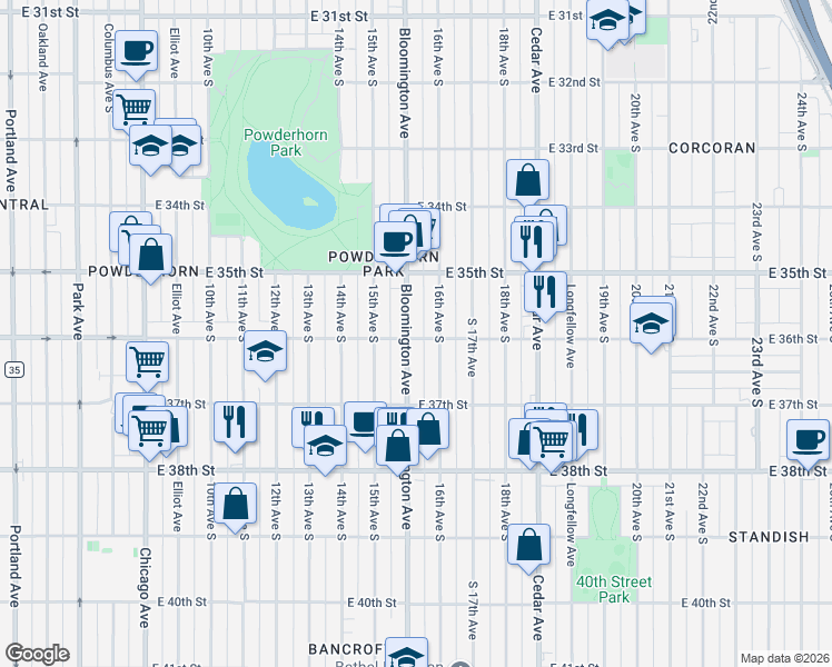 map of restaurants, bars, coffee shops, grocery stores, and more near 3533 Bloomington Avenue in Minneapolis