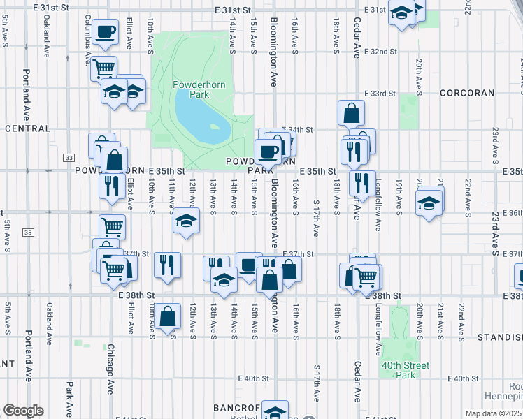 map of restaurants, bars, coffee shops, grocery stores, and more near 3521 South 15th Avenue in Minneapolis
