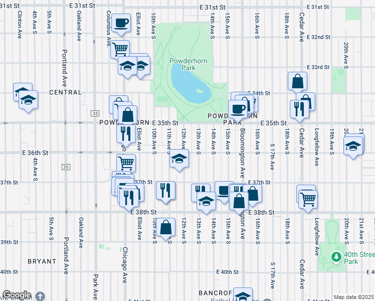 map of restaurants, bars, coffee shops, grocery stores, and more near 3528 13th Avenue South in Minneapolis