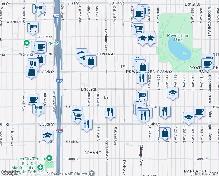 map of restaurants, bars, coffee shops, grocery stores, and more near in Minneapolis