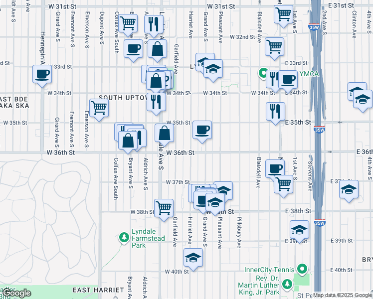 map of restaurants, bars, coffee shops, grocery stores, and more near 3527 Garfield Avenue in Minneapolis