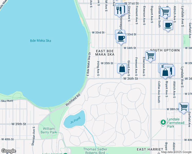 map of restaurants, bars, coffee shops, grocery stores, and more near 3540 James Avenue South in Minneapolis