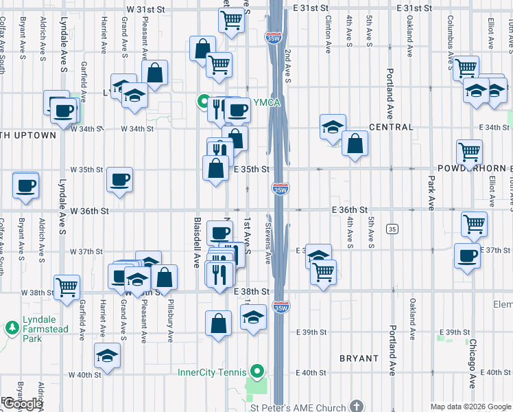 map of restaurants, bars, coffee shops, grocery stores, and more near in Minneapolis