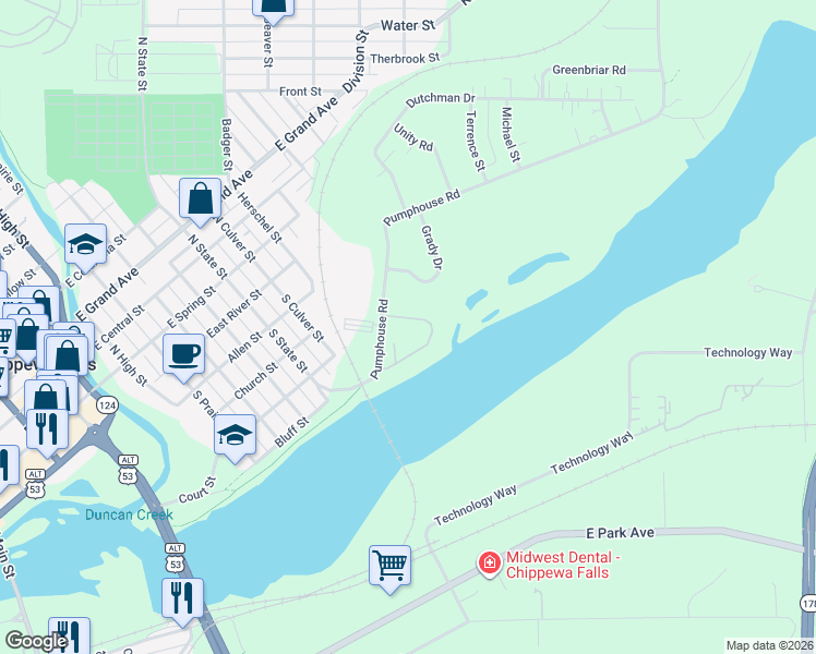 map of restaurants, bars, coffee shops, grocery stores, and more near 30 Stump Lake Road in Chippewa Falls