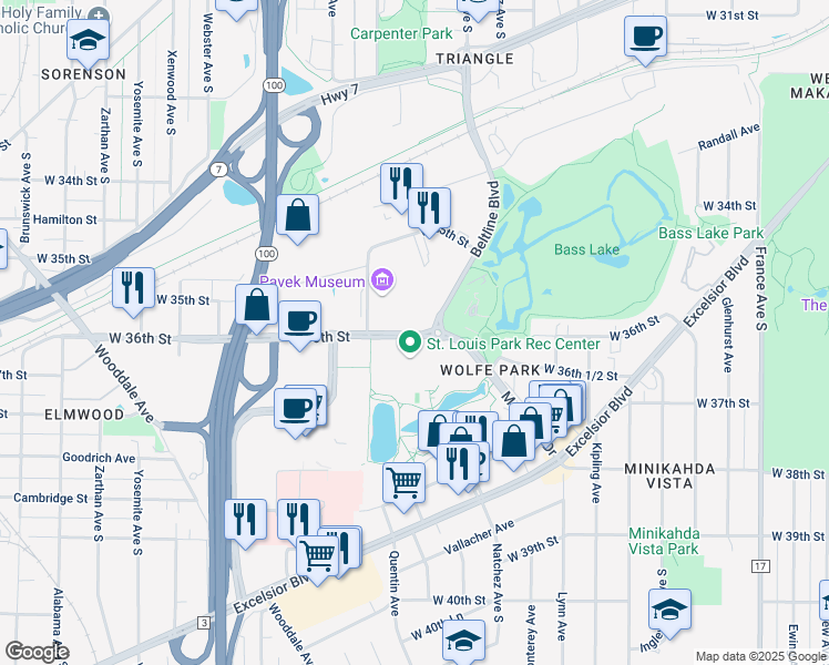 map of restaurants, bars, coffee shops, grocery stores, and more near 5000 West 36th Street in Minneapolis