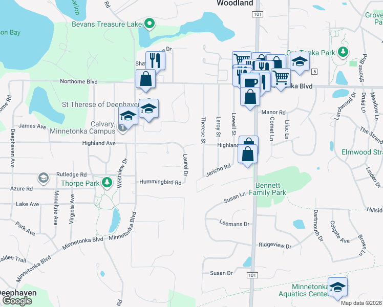 map of restaurants, bars, coffee shops, grocery stores, and more near 17950 Highland Avenue in Wayzata