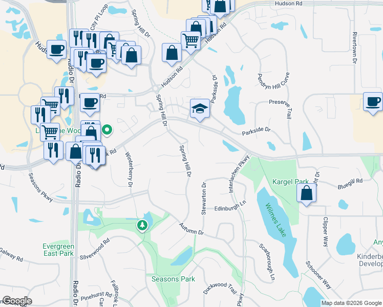 map of restaurants, bars, coffee shops, grocery stores, and more near 9025 Tamarack Road in Woodbury