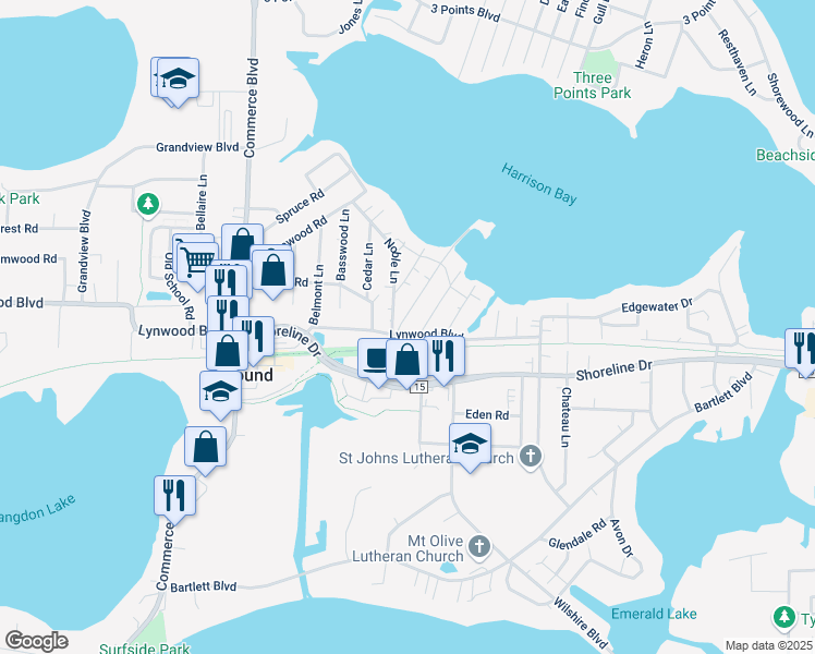map of restaurants, bars, coffee shops, grocery stores, and more near 5300 Lynwood Boulevard in Mound