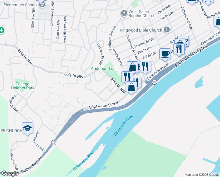 map of restaurants, bars, coffee shops, grocery stores, and more near 1655 Longview Way Northwest in Salem