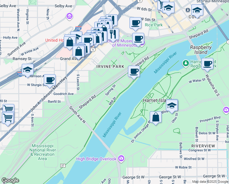 map of restaurants, bars, coffee shops, grocery stores, and more near 185 Sherman Street in Saint Paul