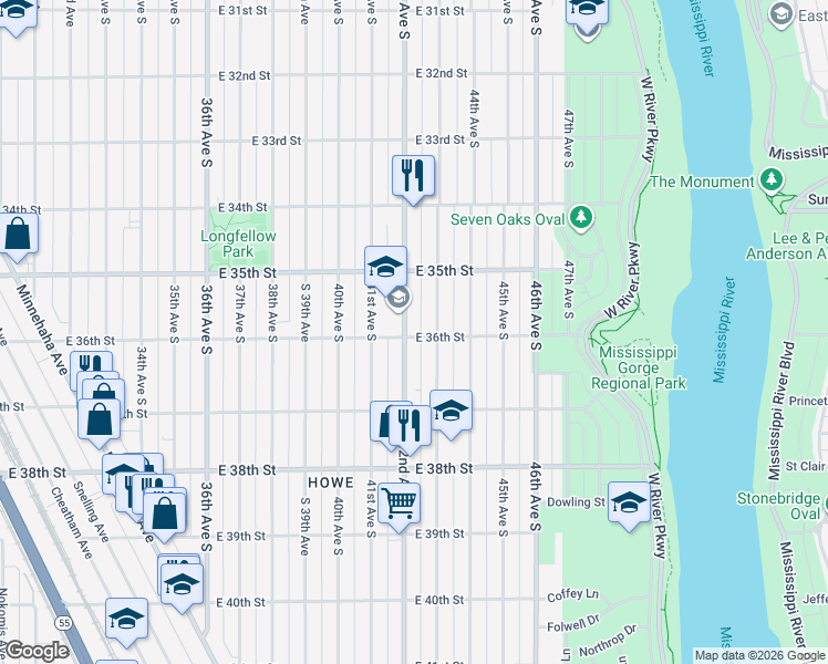 map of restaurants, bars, coffee shops, grocery stores, and more near 3524 42nd Avenue South in Minneapolis