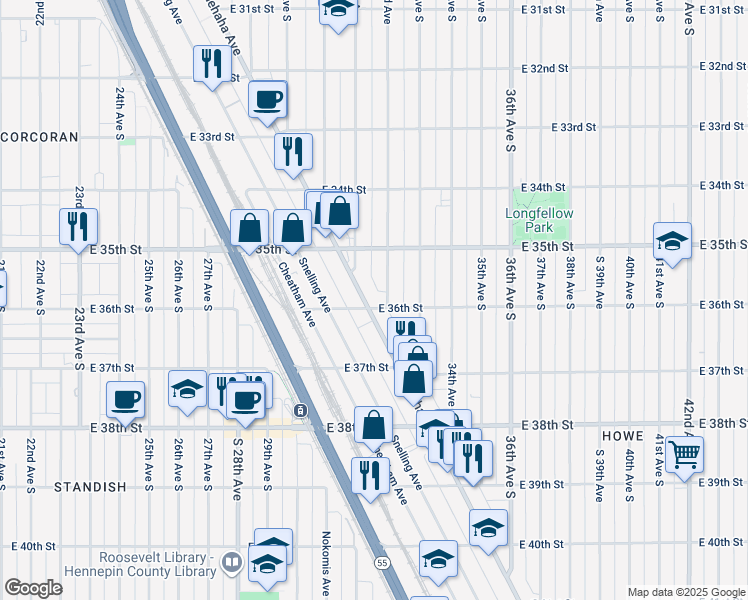 map of restaurants, bars, coffee shops, grocery stores, and more near 3541 Minnehaha Avenue in Minneapolis