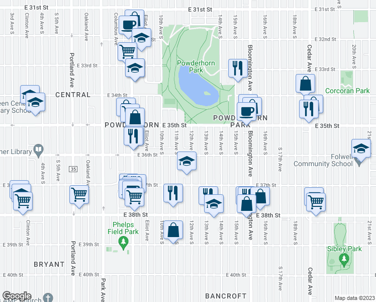 map of restaurants, bars, coffee shops, grocery stores, and more near 3520 12th Avenue South in Minneapolis