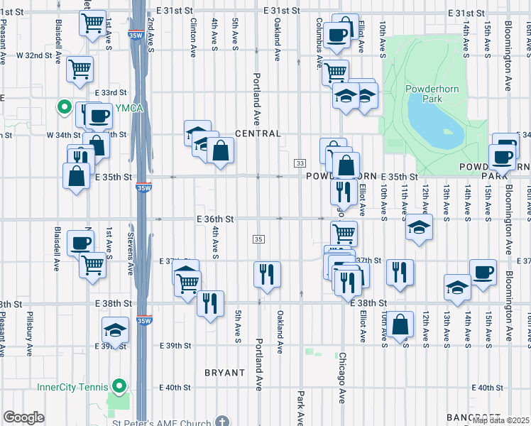 map of restaurants, bars, coffee shops, grocery stores, and more near 3535 Portland Avenue in Minneapolis