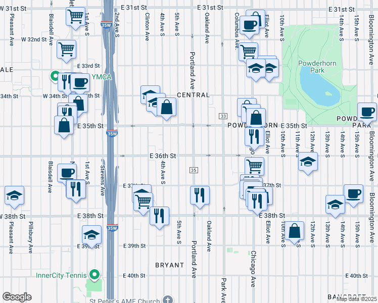 map of restaurants, bars, coffee shops, grocery stores, and more near 3534 Portland Avenue South in Minneapolis