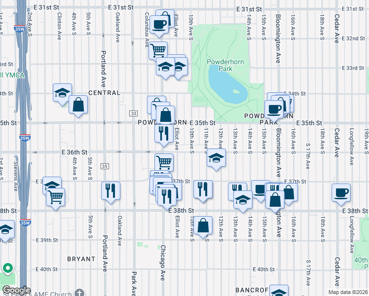 map of restaurants, bars, coffee shops, grocery stores, and more near in Minneapolis