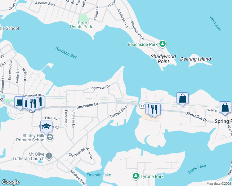 map of restaurants, bars, coffee shops, grocery stores, and more near 4891 Edgewater Drive in Mound