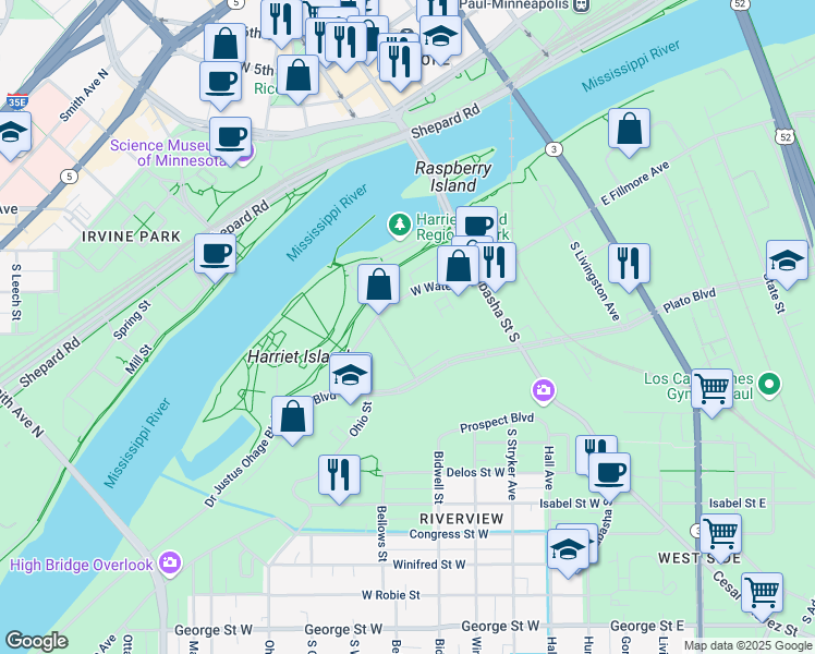 map of restaurants, bars, coffee shops, grocery stores, and more near 84 East Water Street in Saint Paul
