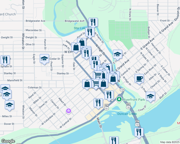 map of restaurants, bars, coffee shops, grocery stores, and more near 30 West Willow Street in Chippewa Falls