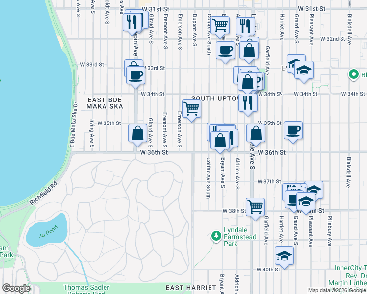 map of restaurants, bars, coffee shops, grocery stores, and more near 3529 Emerson Avenue South in Minneapolis