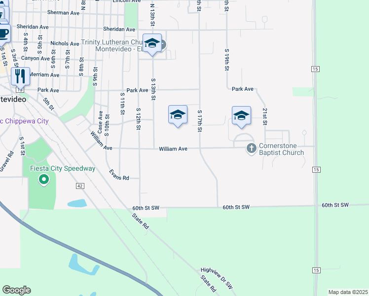 map of restaurants, bars, coffee shops, grocery stores, and more near 1501 William Drive in Montevideo