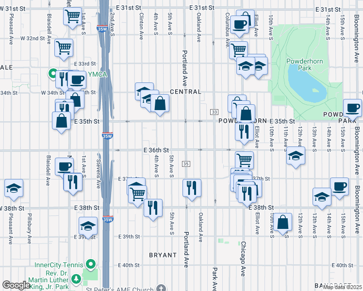 map of restaurants, bars, coffee shops, grocery stores, and more near 3534 Portland Avenue South in Minneapolis