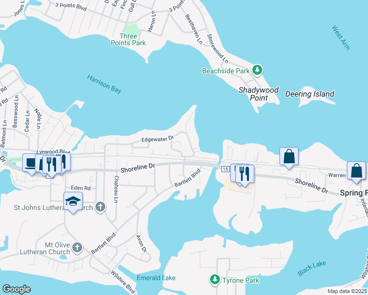 map of restaurants, bars, coffee shops, grocery stores, and more near 4891 Edgewater Drive in Mound
