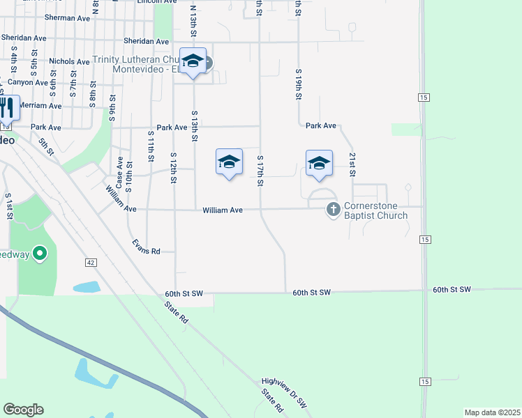 map of restaurants, bars, coffee shops, grocery stores, and more near 2001 William Drive in Montevideo