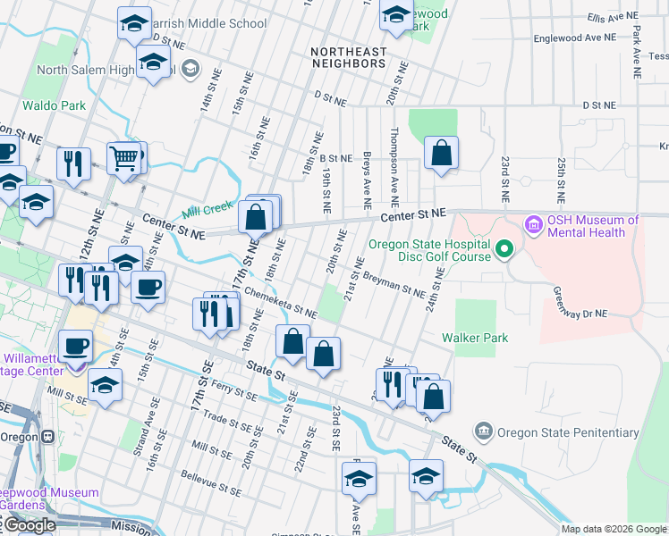 map of restaurants, bars, coffee shops, grocery stores, and more near 1965 Breyman Street Northeast in Salem