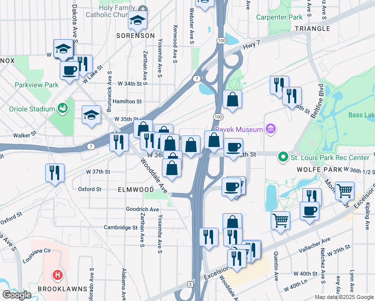 map of restaurants, bars, coffee shops, grocery stores, and more near 5690 West 36th Street in St. Louis Park