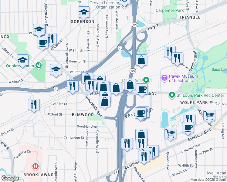 map of restaurants, bars, coffee shops, grocery stores, and more near 5652 West 36th Street in St. Louis Park