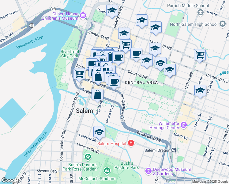 map of restaurants, bars, coffee shops, grocery stores, and more near 205 Church Street Southeast in Salem