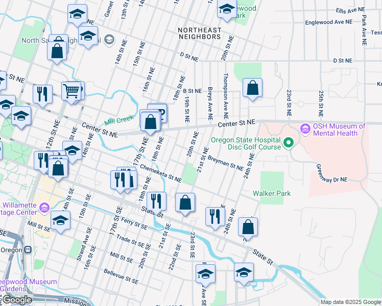 map of restaurants, bars, coffee shops, grocery stores, and more near 1965 Breyman Street Northeast in Salem