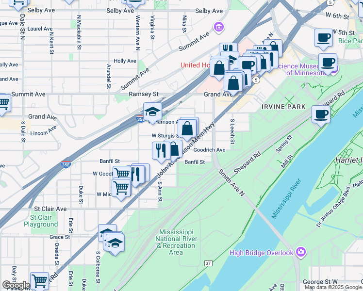 map of restaurants, bars, coffee shops, grocery stores, and more near 294 West Sturgis Street in Saint Paul