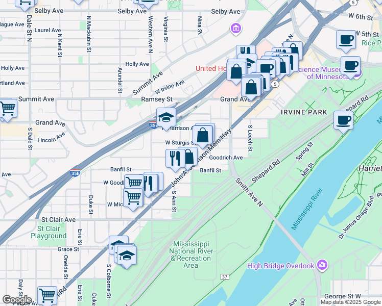 map of restaurants, bars, coffee shops, grocery stores, and more near 294 West Sturgis Street in Saint Paul