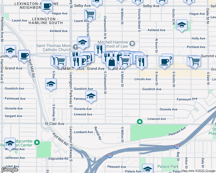 map of restaurants, bars, coffee shops, grocery stores, and more near 968 Lincoln Avenue in Saint Paul