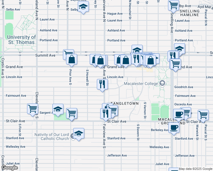 map of restaurants, bars, coffee shops, grocery stores, and more near 100 Fairview Avenue South in Saint Paul