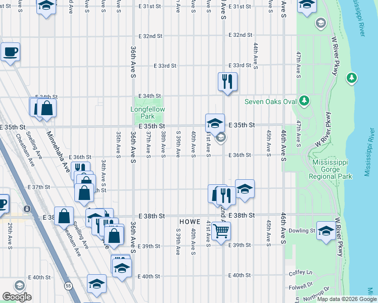 map of restaurants, bars, coffee shops, grocery stores, and more near 3535 South 39th Avenue in Minneapolis