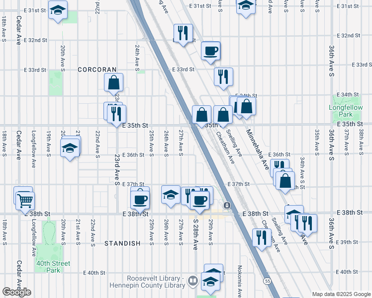 map of restaurants, bars, coffee shops, grocery stores, and more near 2718 East 36th Street in Minneapolis