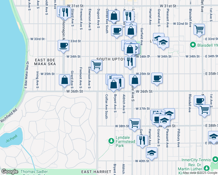 map of restaurants, bars, coffee shops, grocery stores, and more near 3532 Bryant Avenue South in Minneapolis