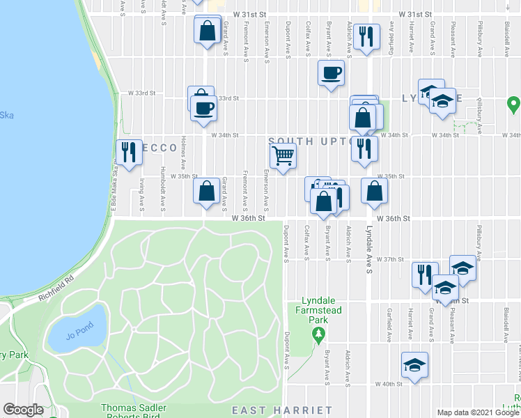 map of restaurants, bars, coffee shops, grocery stores, and more near 3533 Fremont Avenue South in Minneapolis