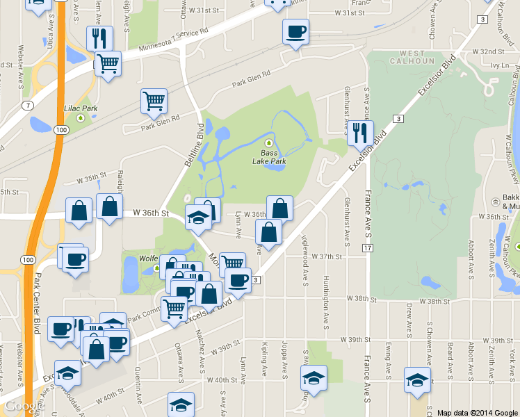 map of restaurants, bars, coffee shops, grocery stores, and more near 4400 West 36th Street in Minneapolis