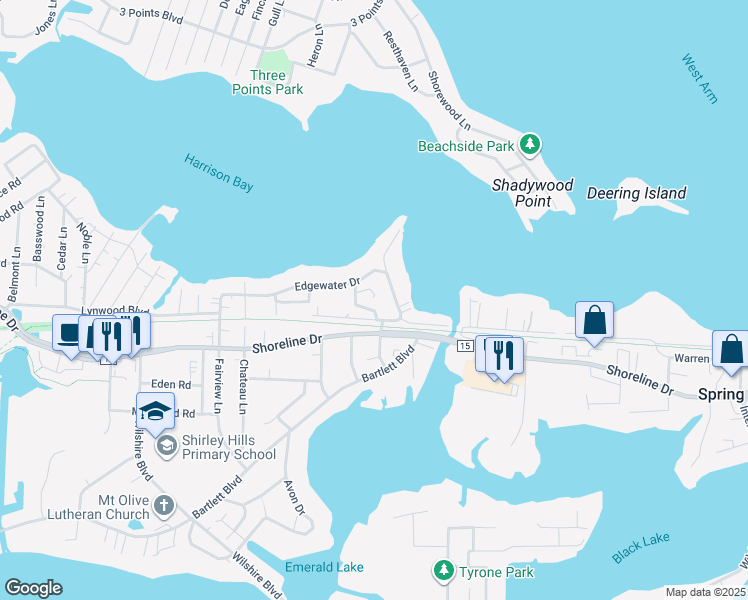 map of restaurants, bars, coffee shops, grocery stores, and more near 4891 Edgewater Drive in Mound