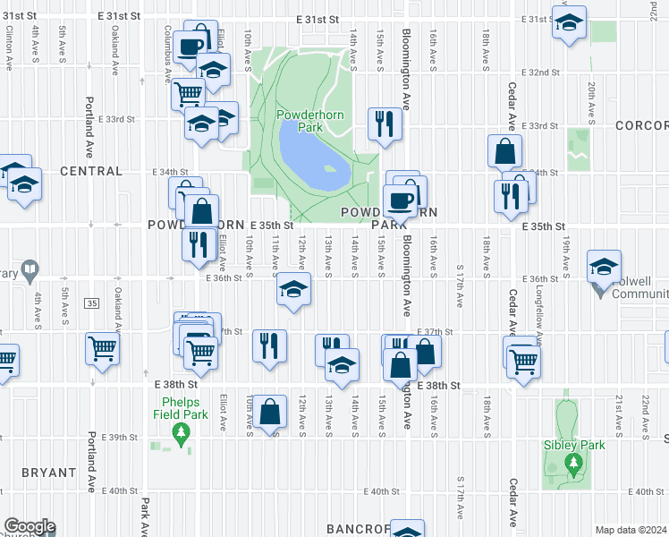 map of restaurants, bars, coffee shops, grocery stores, and more near 3541 13th Avenue South in Minneapolis