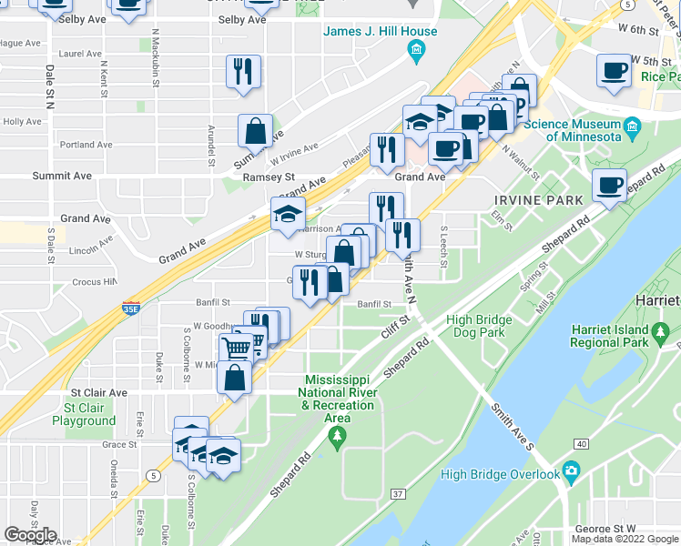 map of restaurants, bars, coffee shops, grocery stores, and more near 293 Goodrich Avenue in Saint Paul