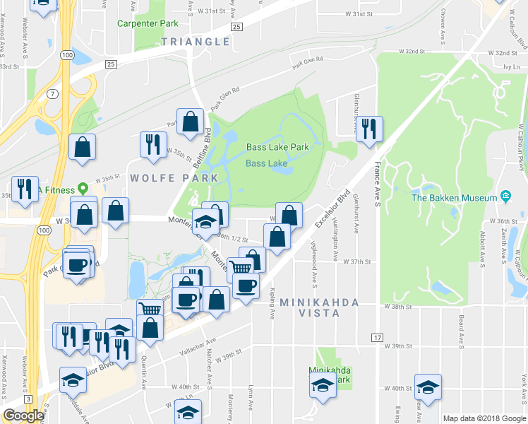 map of restaurants, bars, coffee shops, grocery stores, and more near 4400 West 36th Street in Minneapolis