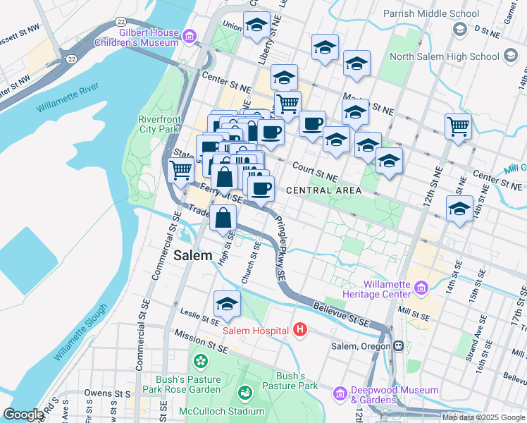 map of restaurants, bars, coffee shops, grocery stores, and more near 205 Church Street Southeast in Salem