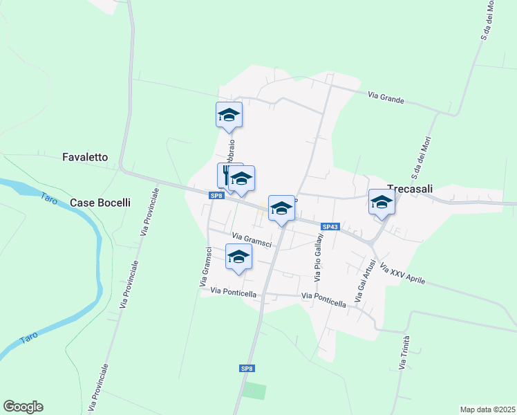 map of restaurants, bars, coffee shops, grocery stores, and more near Strada Provinciale 8 in Trecasali