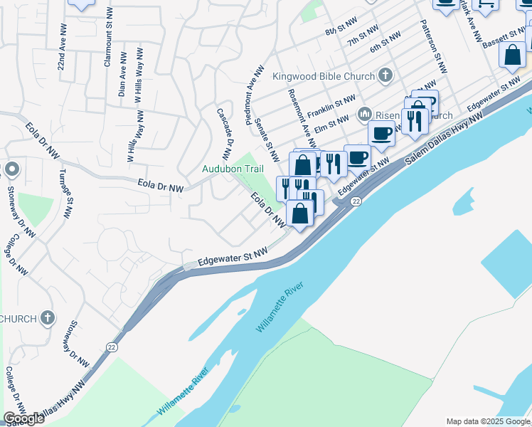 map of restaurants, bars, coffee shops, grocery stores, and more near 1625 Fair Oaks Way Northwest in Salem