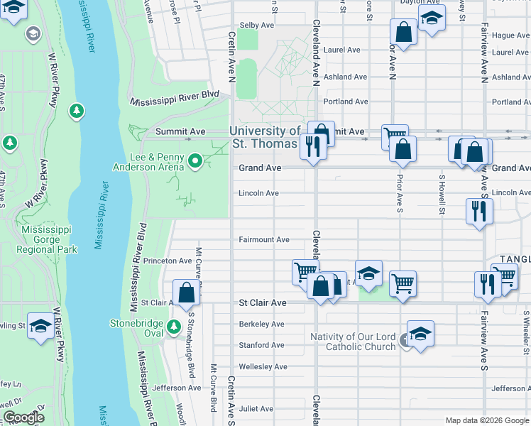 map of restaurants, bars, coffee shops, grocery stores, and more near 105 South Finn Street in Saint Paul